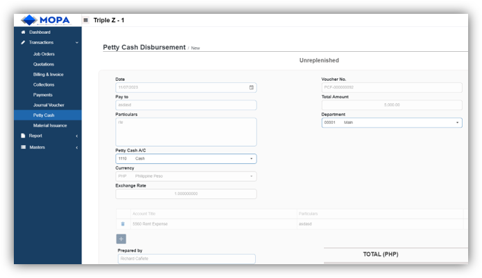 MOPA petty cash disbursement form